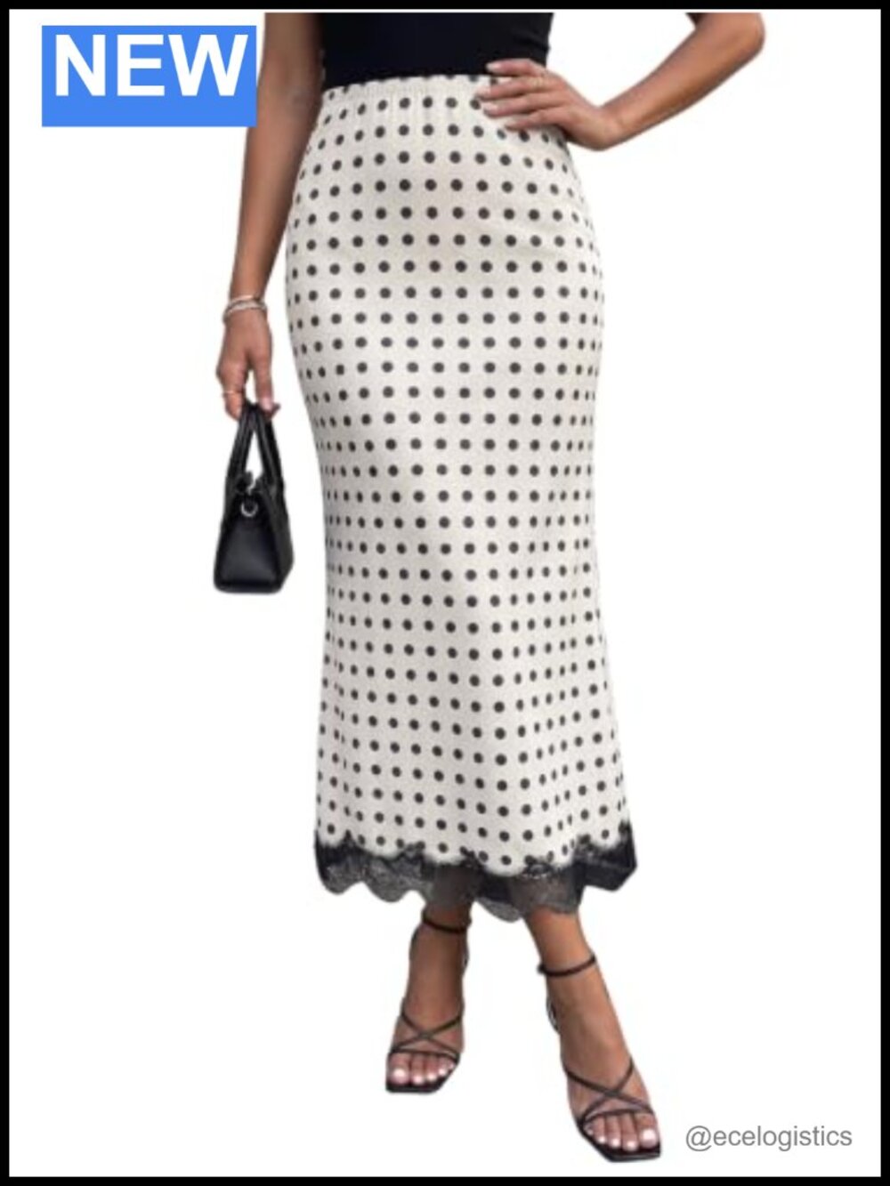 Polka Dot Maxi Skirt Silk Satin Lace Hem Dressy A-Line High Waisted